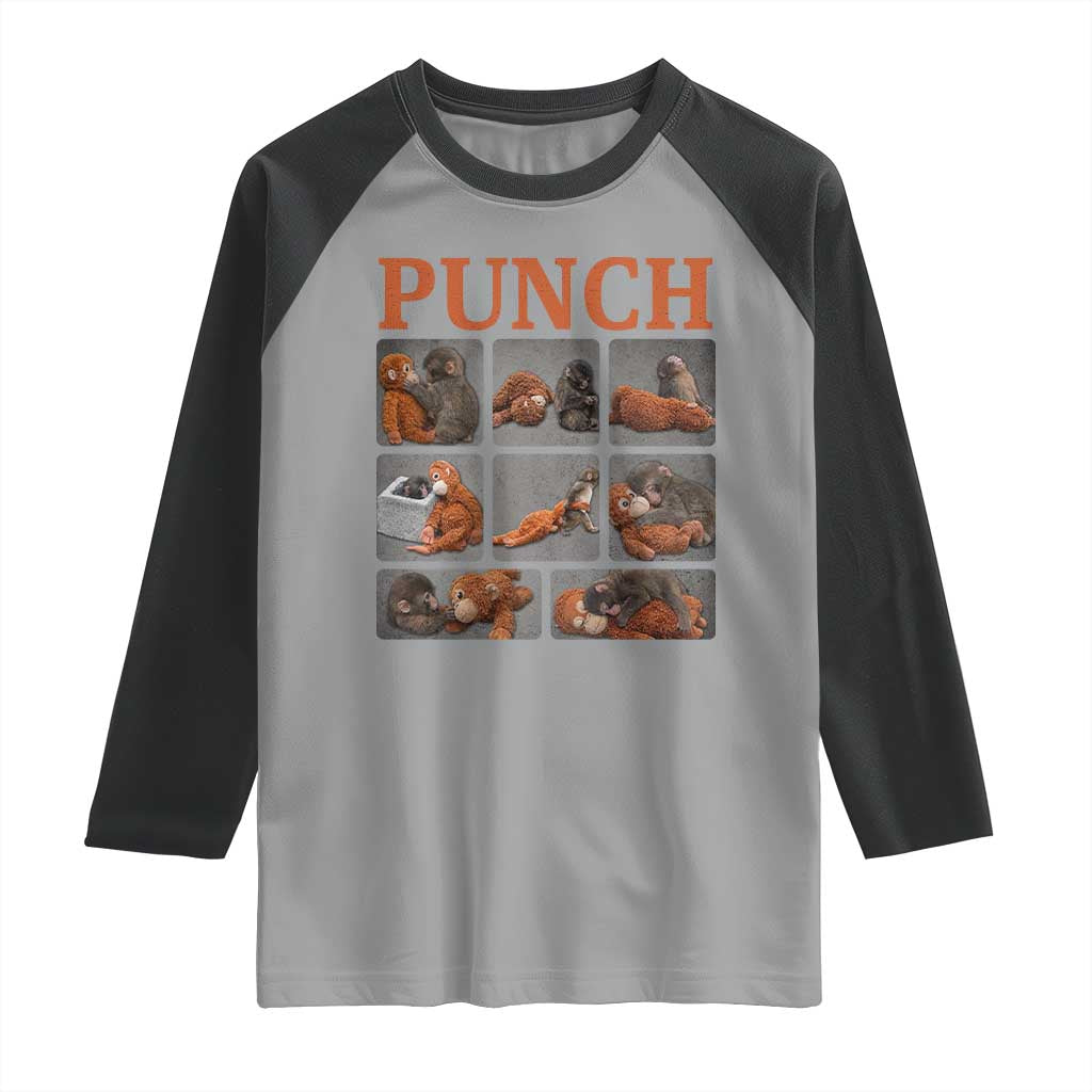 Cute Baby Monkey Punch with Plush Toy Graphic Raglan Shirt TS02 Sport Gray Black Print Your Wear