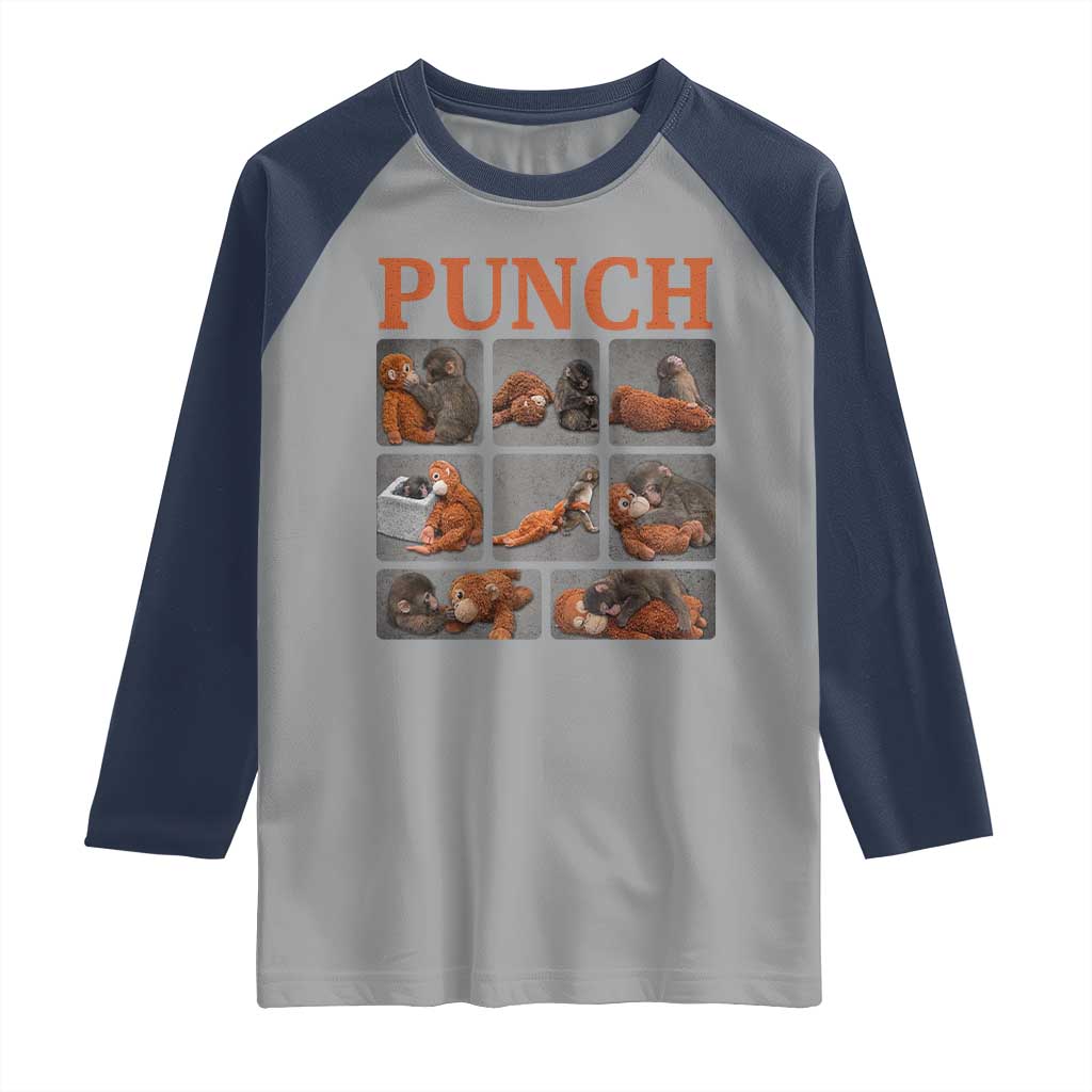 Cute Baby Monkey Punch with Plush Toy Graphic Raglan Shirt TS02 Sport Gray Navy Print Your Wear