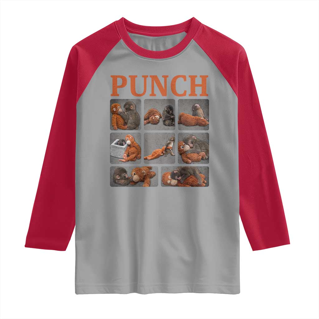 Cute Baby Monkey Punch with Plush Toy Graphic Raglan Shirt TS02 Sport Gray Red Print Your Wear
