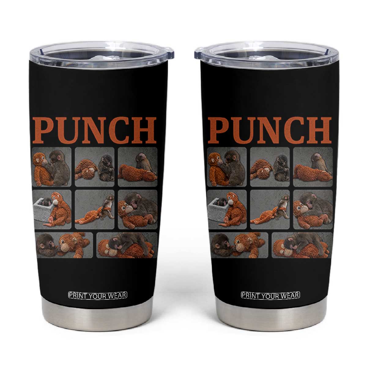 Cute Baby Monkey Punch with Plush Toy Graphic Tumbler Cup TS02 Black Print Your Wear