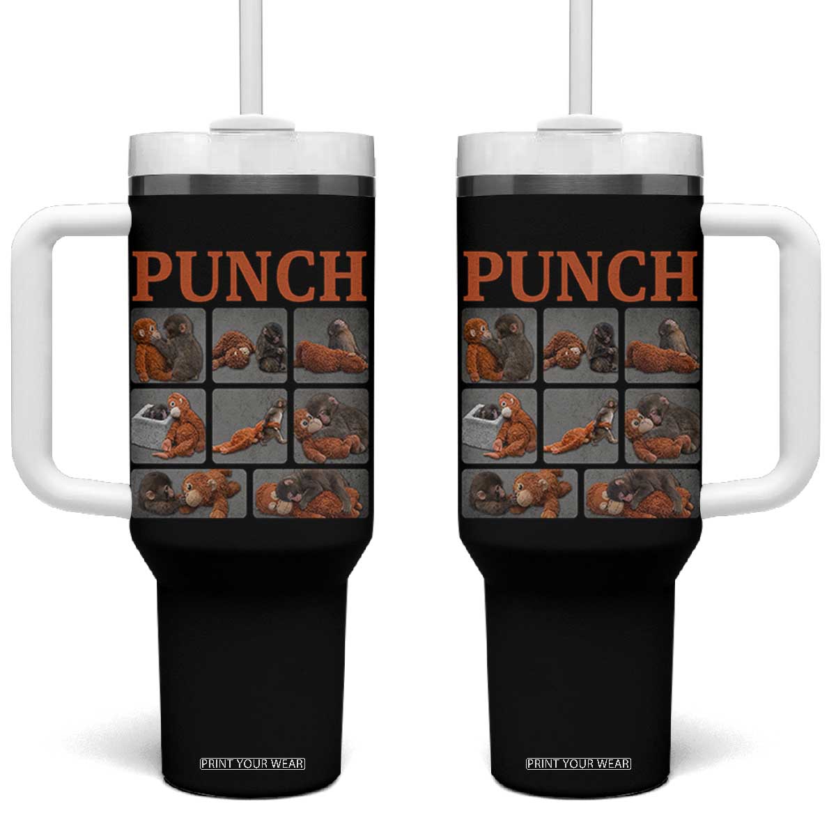 Cute Baby Monkey Punch with Plush Toy Graphic Tumbler With Handle TS02 One Size: 40 oz Black Print Your Wear