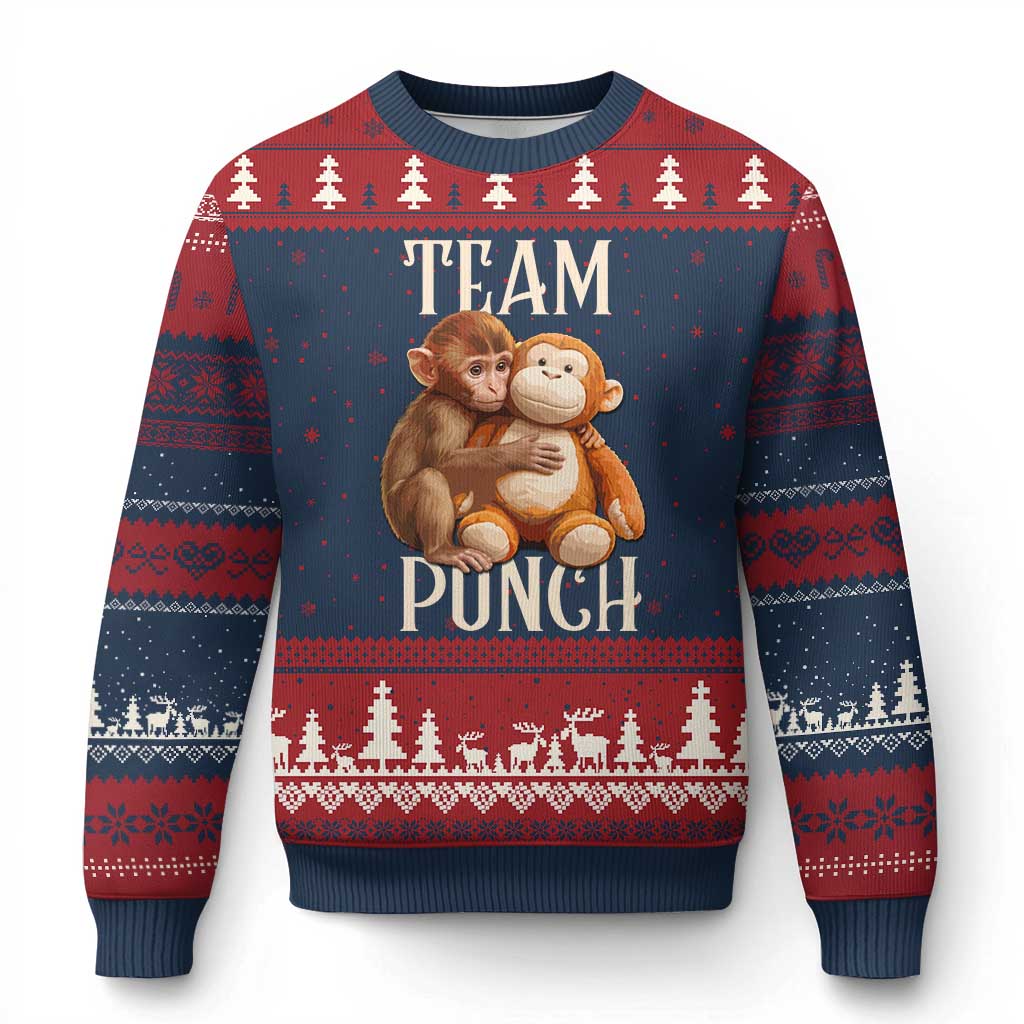 Team Punch Cute Baby Monkey Hugging Plush Toy Graphic Ugly Christmas Sweater TS02 Navy Red Print Your Wear