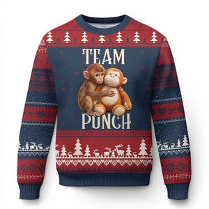 Team Punch Cute Baby Monkey Hugging Plush Toy Graphic Ugly Christmas Sweater TS02 Navy Red Print Your Wear