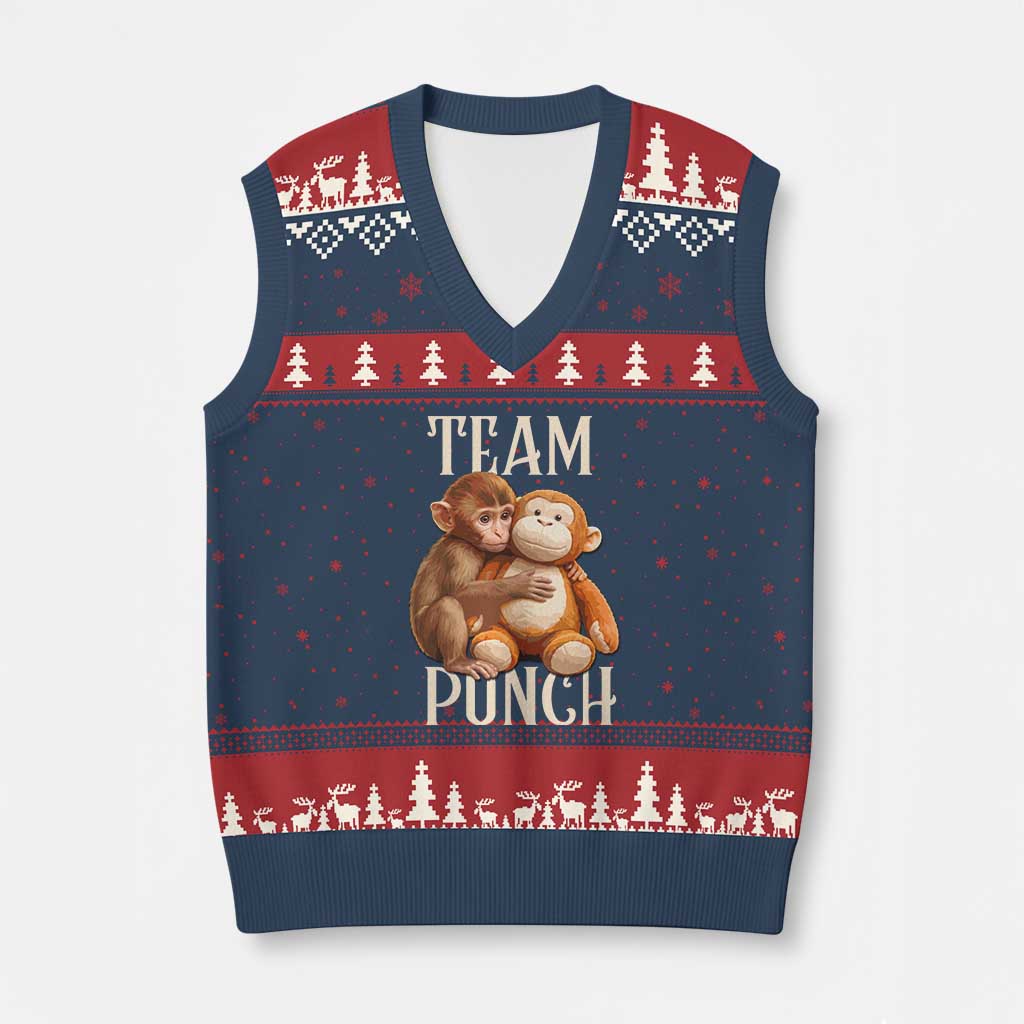 Team Punch Cute Baby Monkey Hugging Plush Toy Graphic V-Neck Knit Sweater Vest TS02 Navy Red Print Your Wear