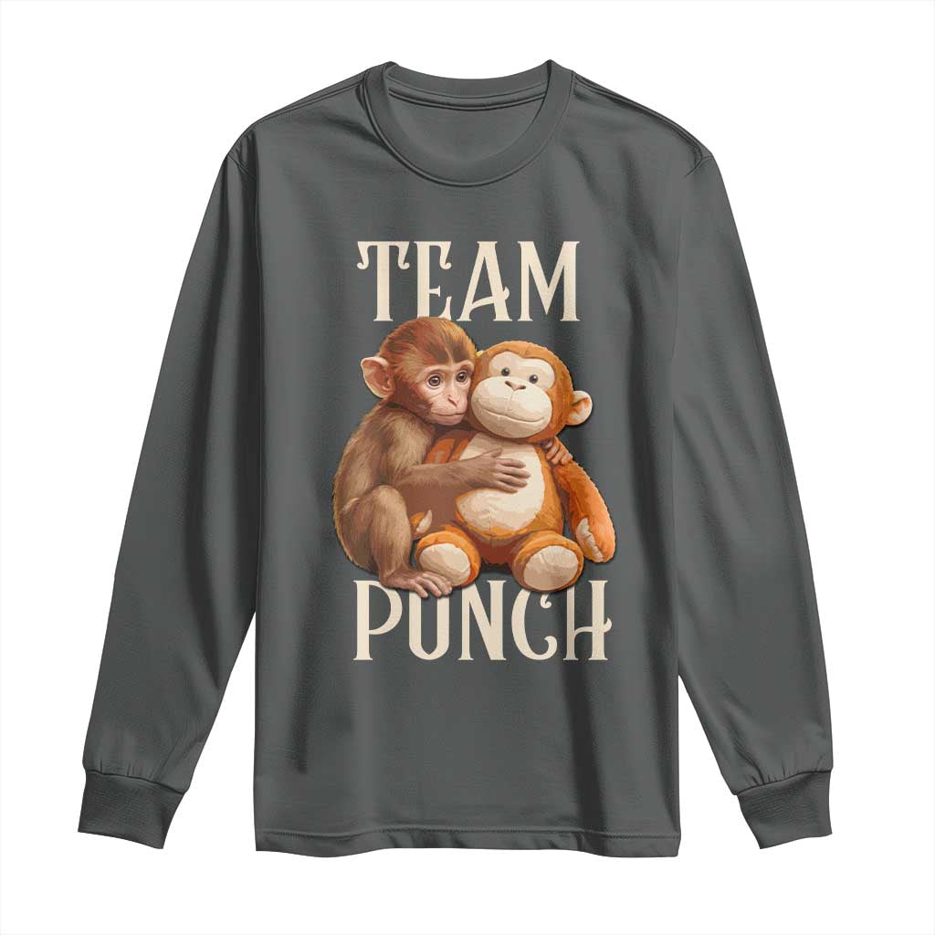 Team Punch Cute Baby Monkey Hugging Plush Toy Graphic Long Sleeve Shirt TS02 Dark Heather Print Your Wear