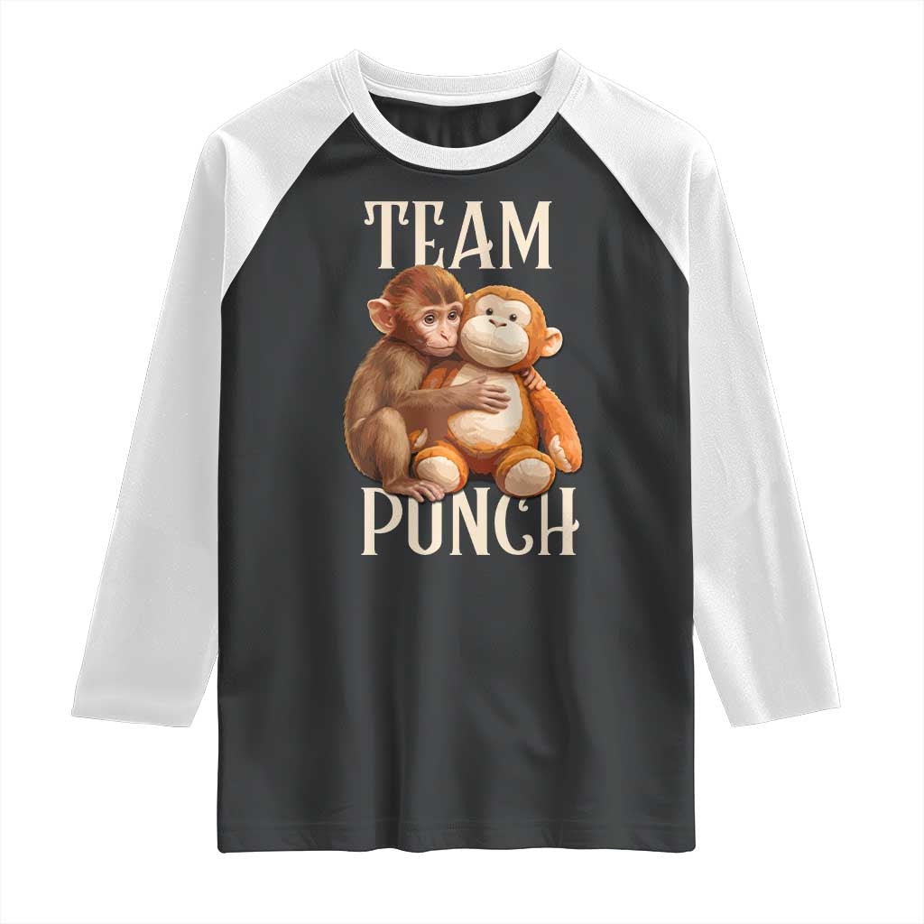 Team Punch Cute Baby Monkey Hugging Plush Toy Graphic Raglan Shirt TS02 Black White Print Your Wear