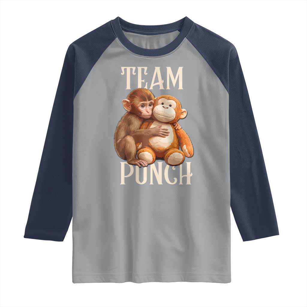 Team Punch Cute Baby Monkey Hugging Plush Toy Graphic Raglan Shirt TS02 Sport Gray Navy Print Your Wear