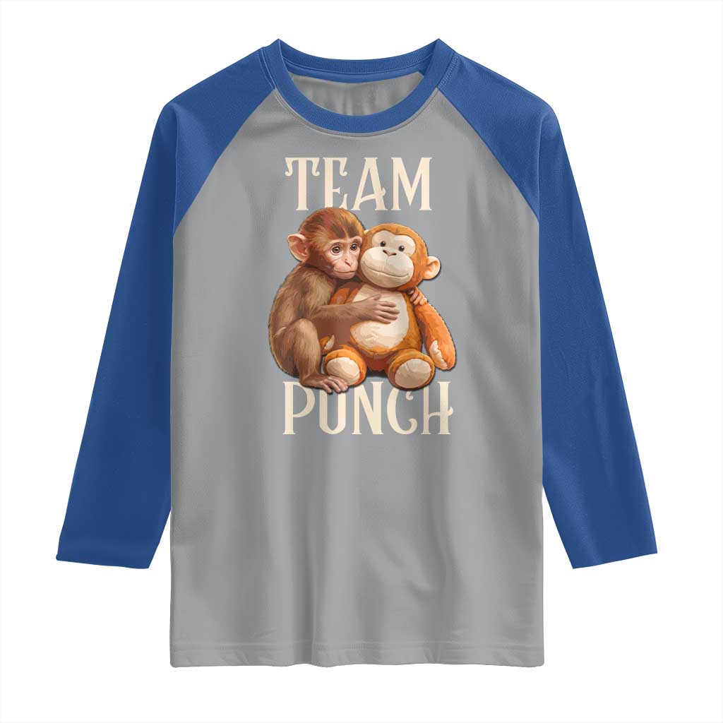 Team Punch Cute Baby Monkey Hugging Plush Toy Graphic Raglan Shirt TS02 Sport Gray Royal Print Your Wear