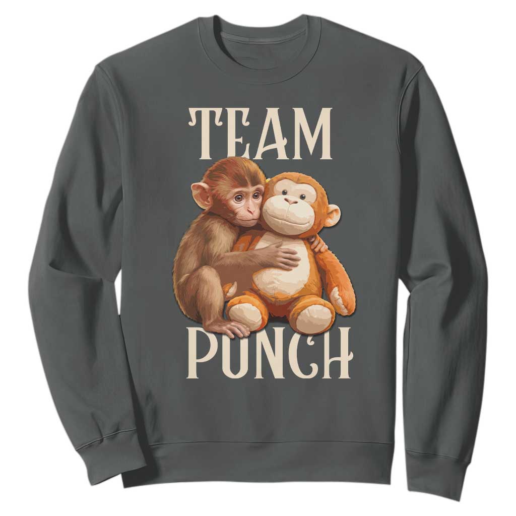 Team Punch Cute Baby Monkey Hugging Plush Toy Graphic Sweatshirt TS02 Dark Heather Print Your Wear