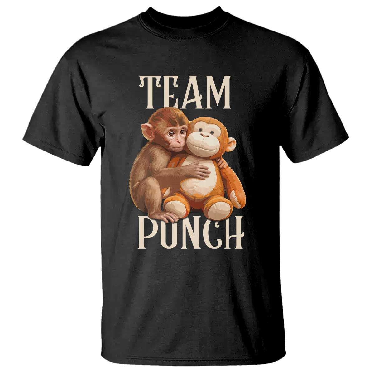 Team Punch Cute Baby Monkey Hugging Plush Toy Graphic T Shirt TS02 Black Print Your Wear
