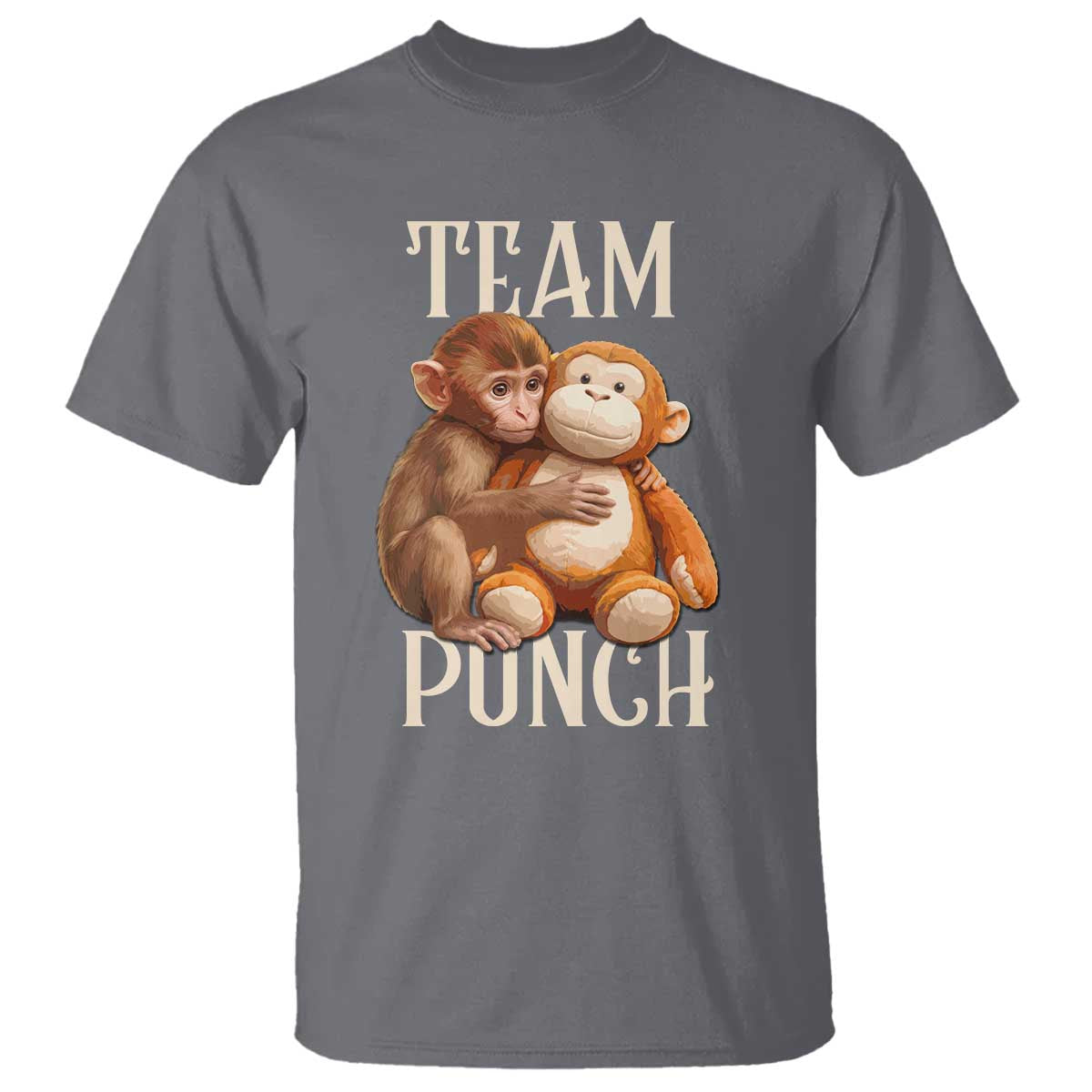 Team Punch Cute Baby Monkey Hugging Plush Toy Graphic T Shirt TS02 Charcoal Print Your Wear