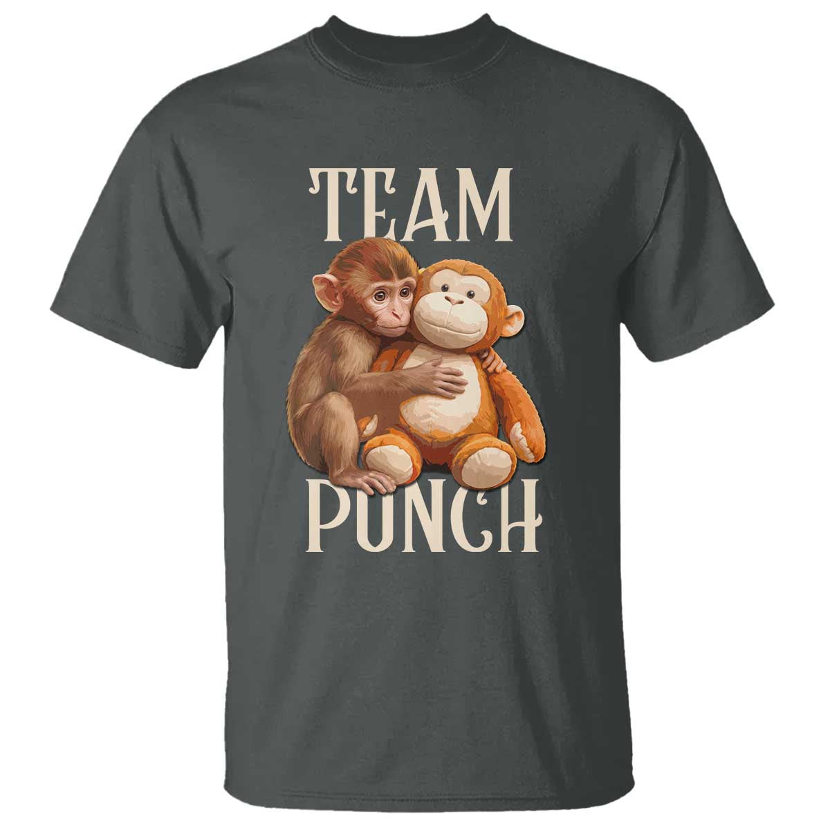 Team Punch Cute Baby Monkey Hugging Plush Toy Graphic T Shirt TS02 Dark Heather Print Your Wear
