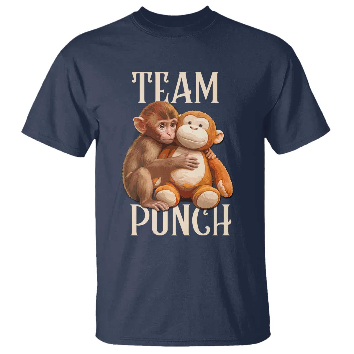 Team Punch Cute Baby Monkey Hugging Plush Toy Graphic T Shirt TS02 Navy Print Your Wear