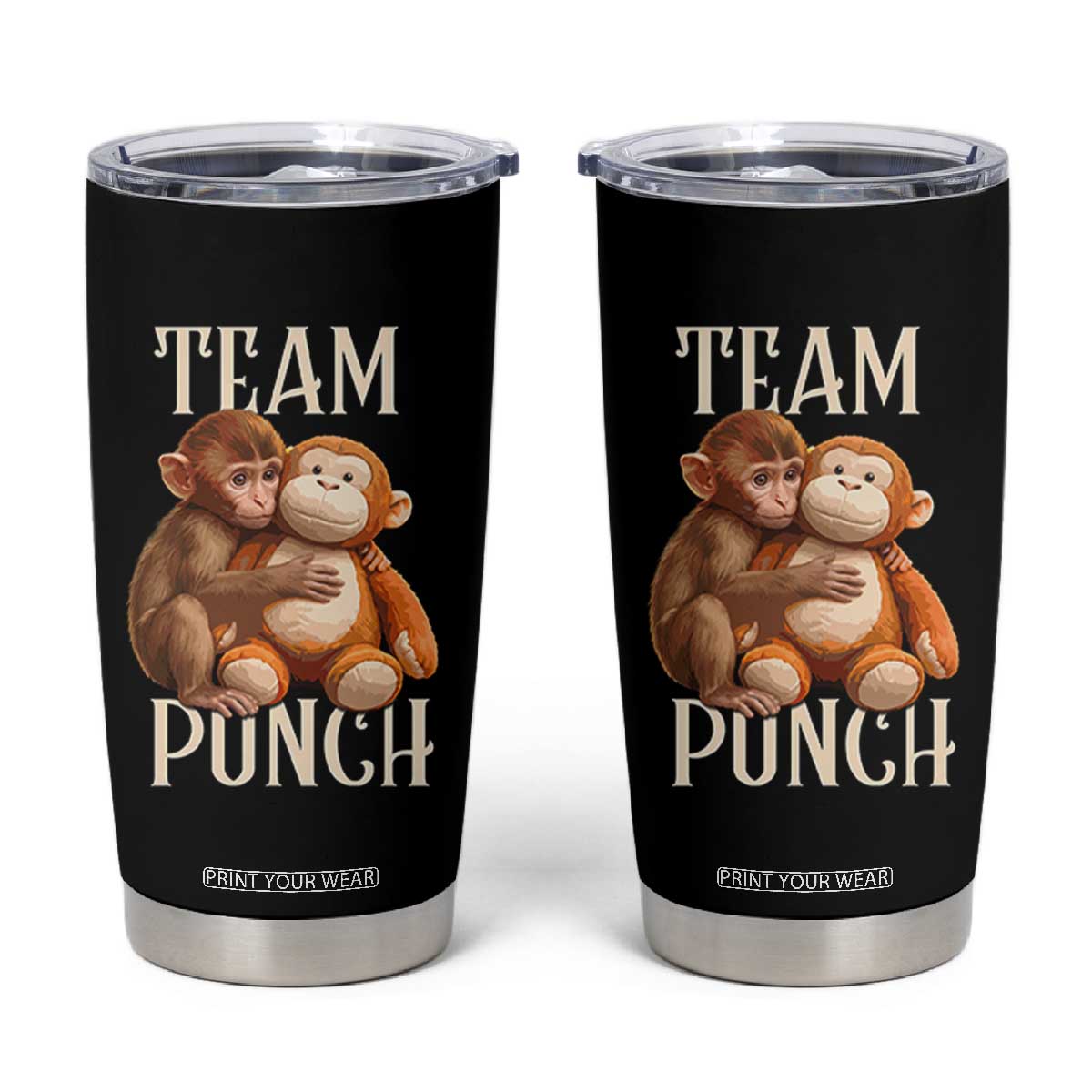 Team Punch Cute Baby Monkey Hugging Plush Toy Graphic Tumbler Cup TS02 Black Print Your Wear