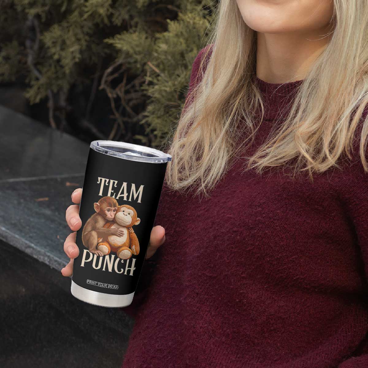 Team Punch Cute Baby Monkey Hugging Plush Toy Graphic Tumbler Cup TS02 Print Your Wear