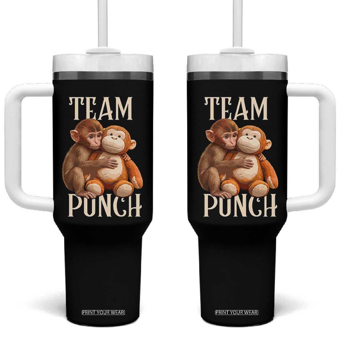 Team Punch Cute Baby Monkey Hugging Plush Toy Graphic Tumbler With Handle TS02 One Size: 40 oz Black Print Your Wear