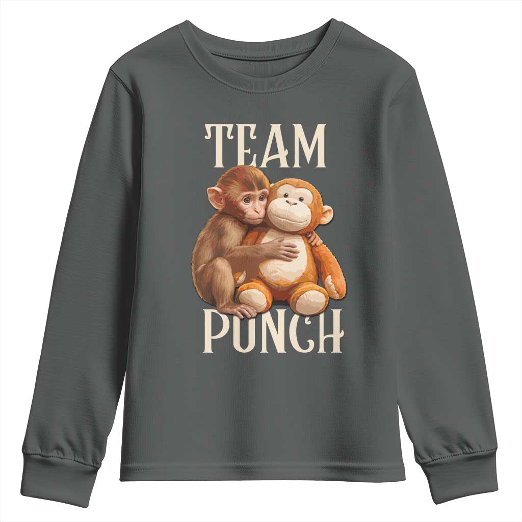Team Punch Cute Baby Monkey Hugging Plush Toy Graphic Youth Sweatshirt TS02 Dark Heather Print Your Wear