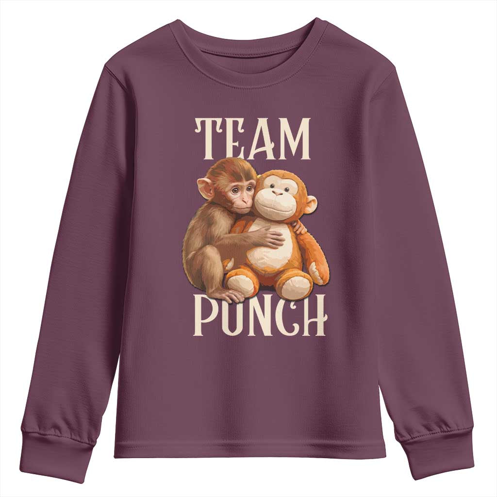 Team Punch Cute Baby Monkey Hugging Plush Toy Graphic Youth Sweatshirt TS02 Maroon Print Your Wear