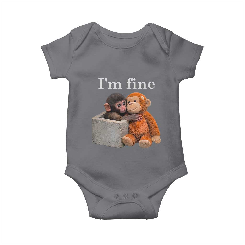 I’m Fine Viral Punch Monkey Meme Baby Onesie Cute Baby Monkey Hugging Plush Emotional Humor Gift TS02 Charcoal Print Your Wear