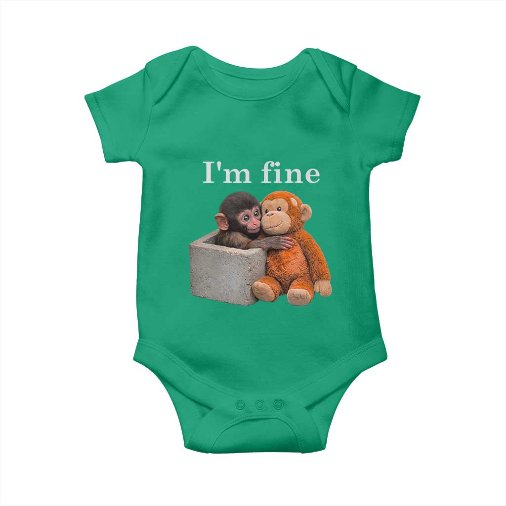 I’m Fine Viral Punch Monkey Meme Baby Onesie Cute Baby Monkey Hugging Plush Emotional Humor Gift TS02 Irish Green Print Your Wear