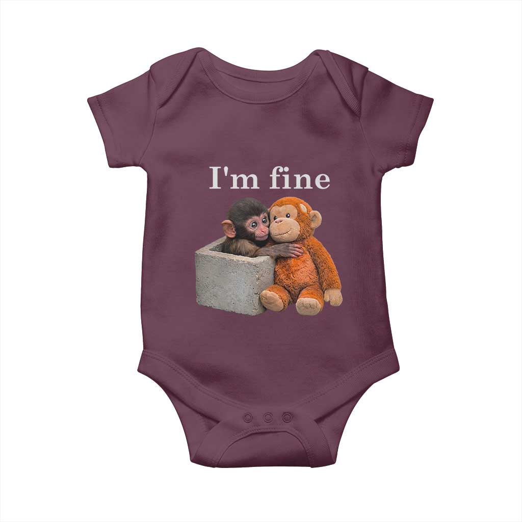 I’m Fine Viral Punch Monkey Meme Baby Onesie Cute Baby Monkey Hugging Plush Emotional Humor Gift TS02 Maroon Print Your Wear