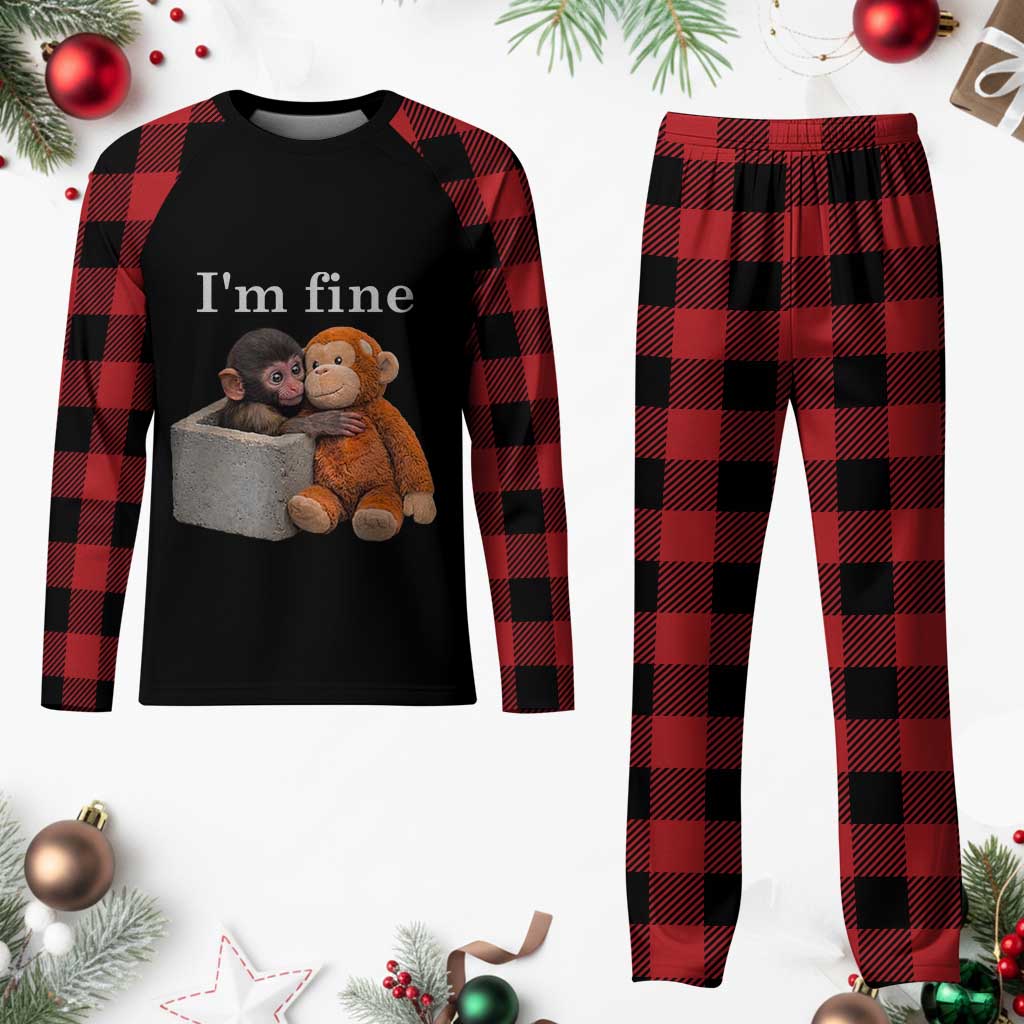 I’m Fine Viral Punch Monkey Meme Plaid Pajama Set Cute Baby Monkey Hugging Plush Emotional Humor Gift TS02 Buffalo Plaid Print Your Wear