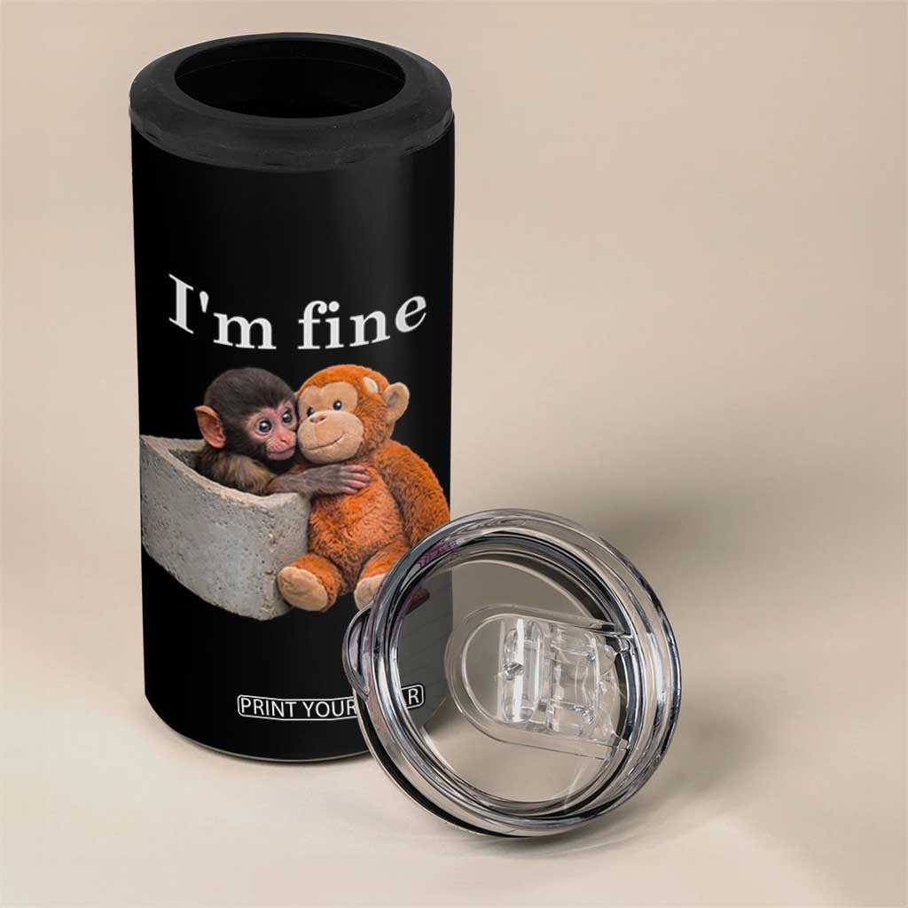 I’m Fine Viral Punch Monkey Meme 4 in 1 Can Cooler Tumbler Cute Baby Monkey Hugging Plush Emotional Humor Gift TS02 Print Your Wear