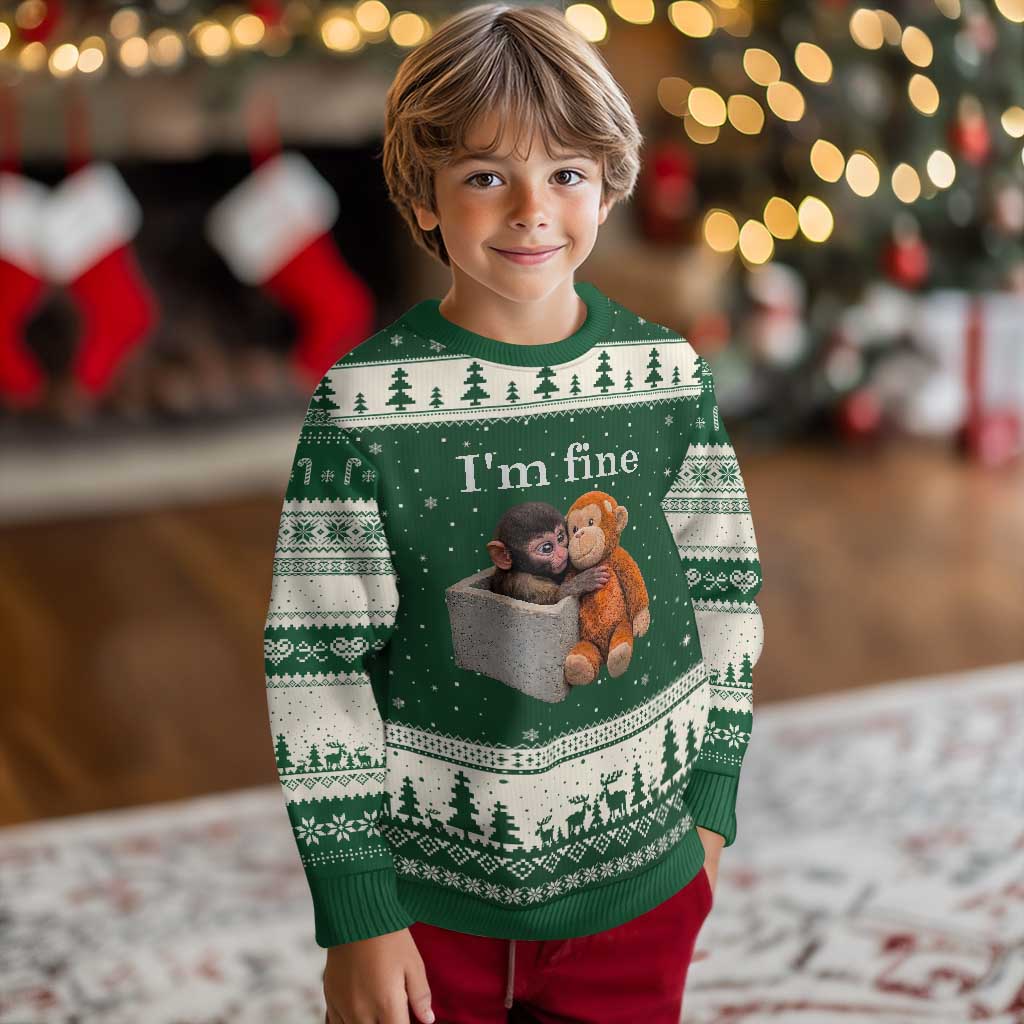 I’m Fine Viral Punch Monkey Meme Ugly Christmas Sweater Cute Baby Monkey Hugging Plush Emotional Humor Gift TS02 Forest Green Beige Print Your Wear