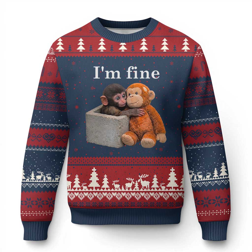 I’m Fine Viral Punch Monkey Meme Ugly Christmas Sweater Cute Baby Monkey Hugging Plush Emotional Humor Gift
