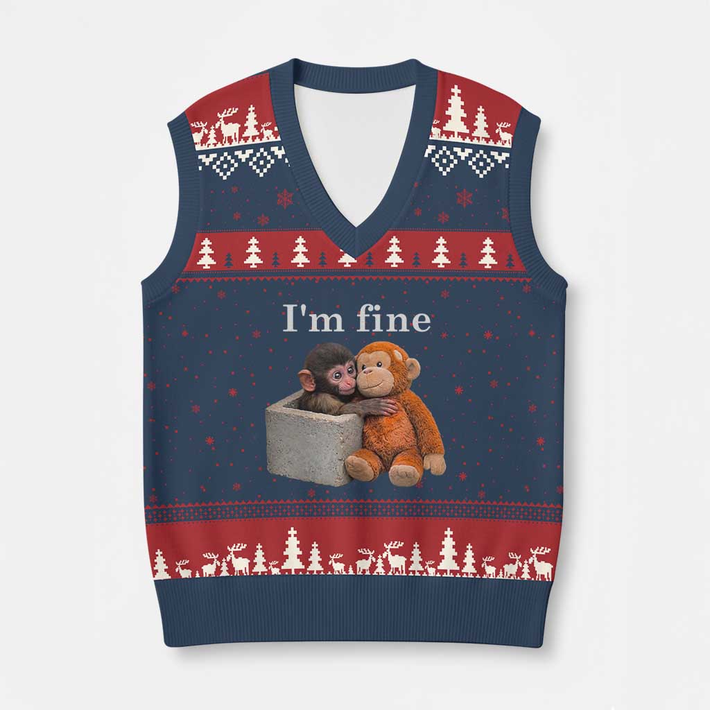 I’m Fine Viral Punch Monkey Meme V-Neck Knit Sweater Vest Cute Baby Monkey Hugging Plush Emotional Humor Gift TS02 Navy Red Print Your Wear
