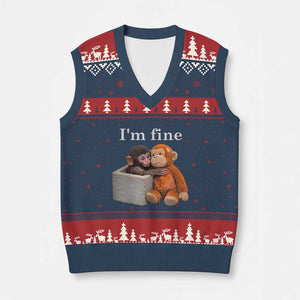 I’m Fine Viral Punch Monkey Meme V-Neck Knit Sweater Vest Cute Baby Monkey Hugging Plush Emotional Humor Gift TS02 Navy Red Print Your Wear