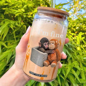 I’m Fine Viral Punch Monkey Meme Glass Can Cute Baby Monkey Hugging Plush Emotional Humor Gift TS02 Black Print Your Wear