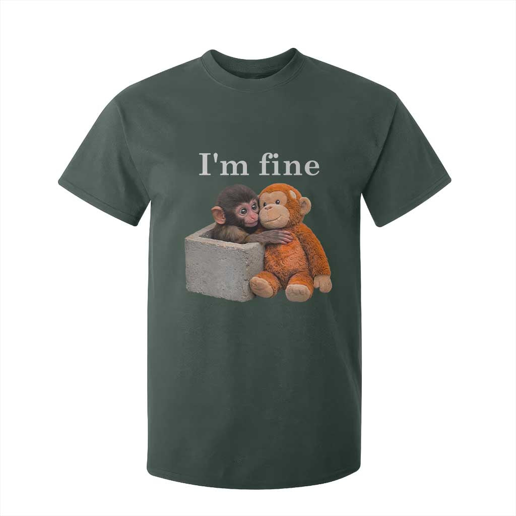 I’m Fine Viral Punch Monkey Meme T Shirt For Kid Cute Baby Monkey Hugging Plush Emotional Humor Gift TS02 Dark Forest Green Print Your Wear