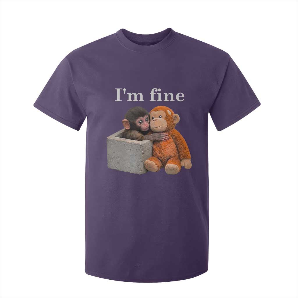 I’m Fine Viral Punch Monkey Meme T Shirt For Kid Cute Baby Monkey Hugging Plush Emotional Humor Gift TS02 Purple Print Your Wear