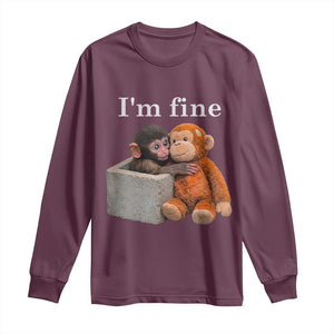 I’m Fine Viral Punch Monkey Meme Long Sleeve Shirt Cute Baby Monkey Hugging Plush Emotional Humor Gift TS02 Maroon Print Your Wear