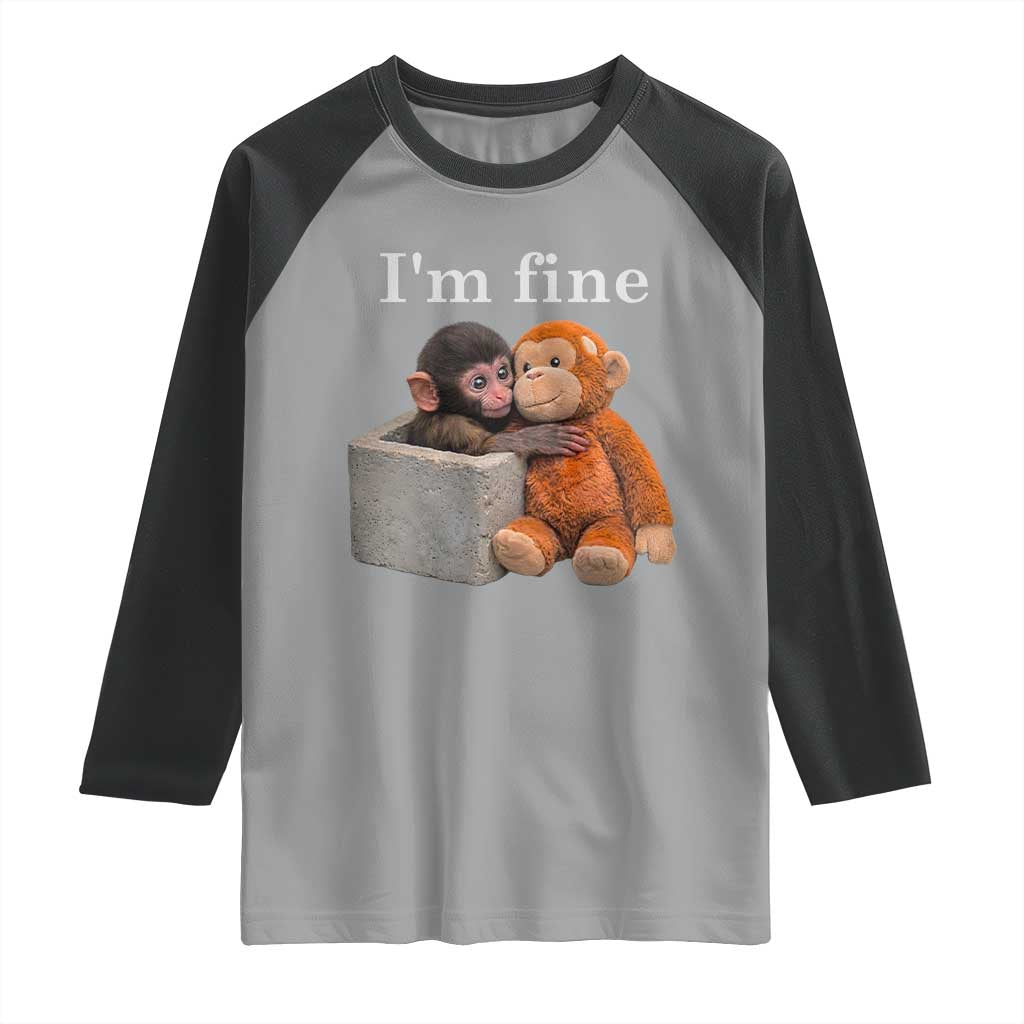 I’m Fine Viral Punch Monkey Meme Raglan Shirt Cute Baby Monkey Hugging Plush Emotional Humor Gift TS02 Sport Gray Black Print Your Wear
