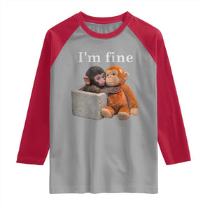 I’m Fine Viral Punch Monkey Meme Raglan Shirt Cute Baby Monkey Hugging Plush Emotional Humor Gift TS02 Sport Gray Red Print Your Wear