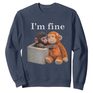 I’m Fine Viral Punch Monkey Meme Sweatshirt Cute Baby Monkey Hugging Plush Emotional Humor Gift TS02 Navy Print Your Wear