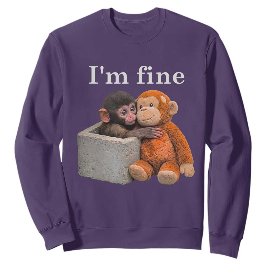 I’m Fine Viral Punch Monkey Meme Sweatshirt Cute Baby Monkey Hugging Plush Emotional Humor Gift TS02 Purple Print Your Wear