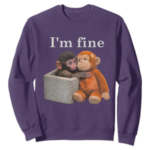 I’m Fine Viral Punch Monkey Meme Sweatshirt Cute Baby Monkey Hugging Plush Emotional Humor Gift TS02 Purple Print Your Wear