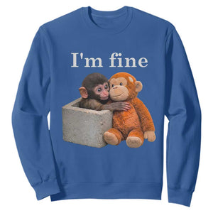 I’m Fine Viral Punch Monkey Meme Sweatshirt Cute Baby Monkey Hugging Plush Emotional Humor Gift TS02 Royal Blue Print Your Wear