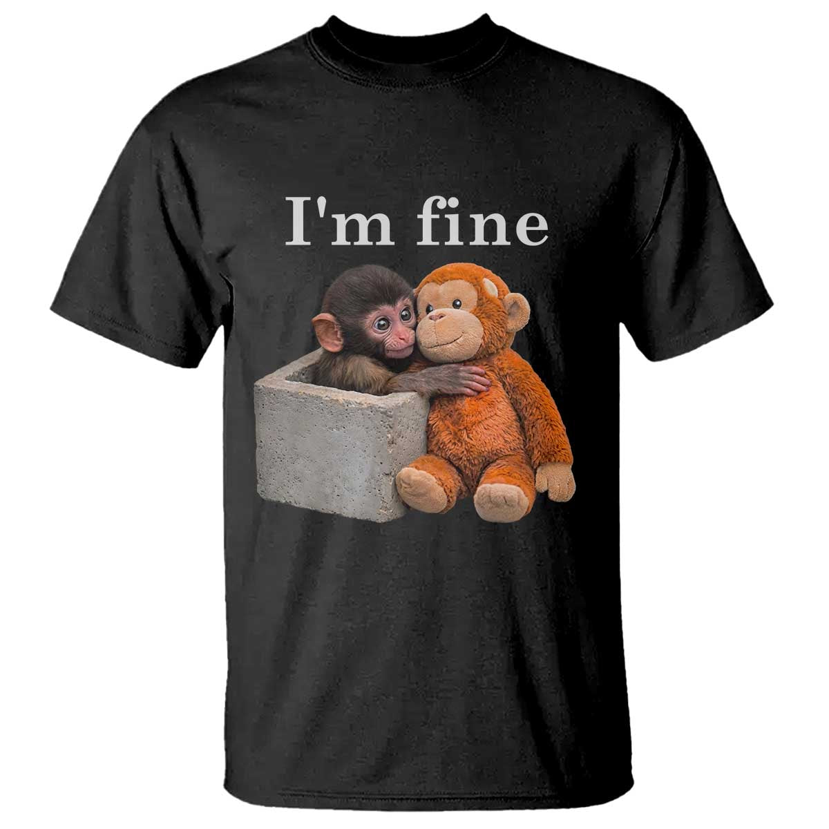 I’m Fine Viral Punch Monkey Meme T Shirt Cute Baby Monkey Hugging Plush Emotional Humor Gift
