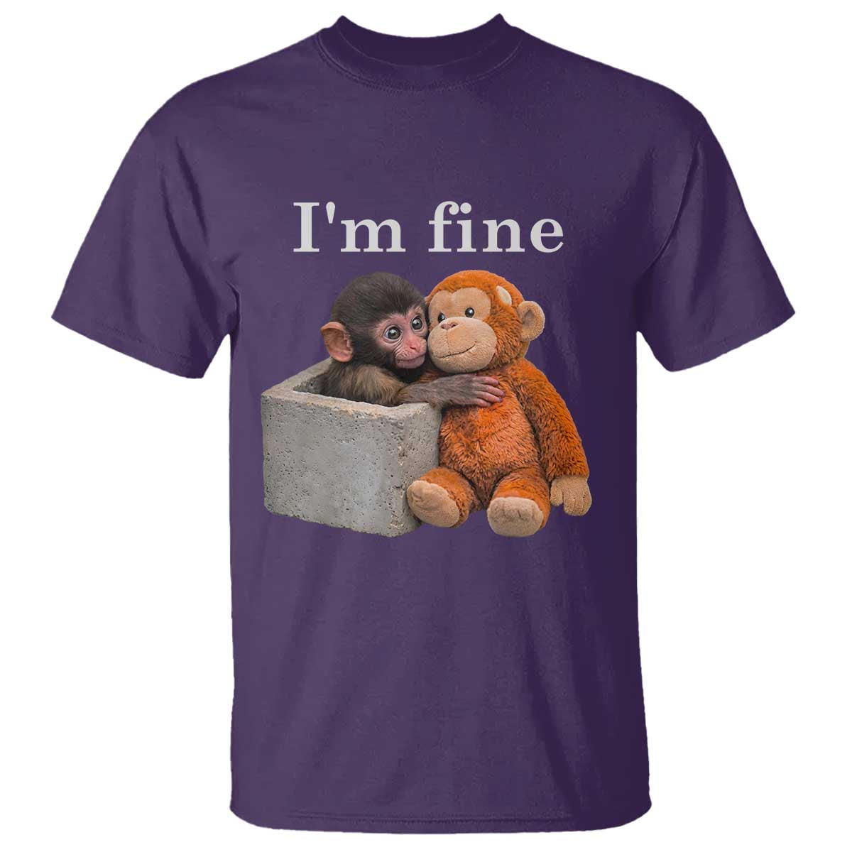 I’m Fine Viral Punch Monkey Meme T Shirt Cute Baby Monkey Hugging Plush Emotional Humor Gift TS02 Purple Print Your Wear