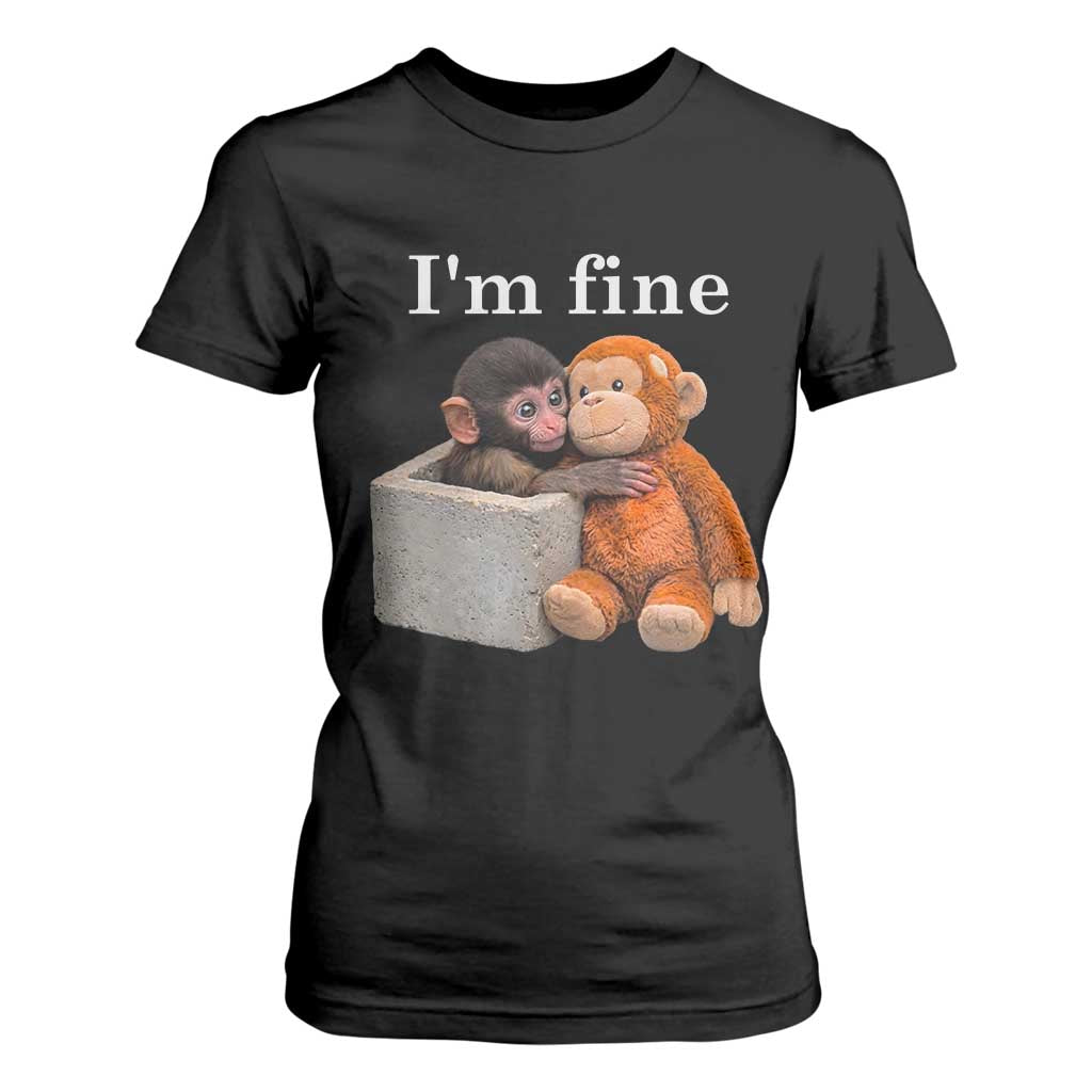 I’m Fine Viral Punch Monkey Meme T Shirt For Women Cute Baby Monkey Hugging Plush Emotional Humor Gift TS02 Black Print Your Wear
