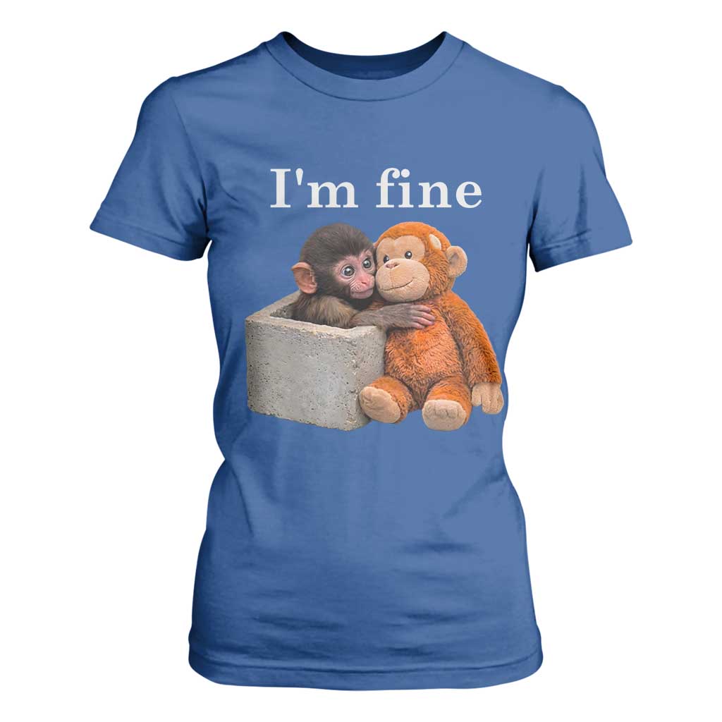 I’m Fine Viral Punch Monkey Meme T Shirt For Women Cute Baby Monkey Hugging Plush Emotional Humor Gift TS02 Royal Blue Print Your Wear
