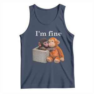 I’m Fine Viral Punch Monkey Meme Tank Top Cute Baby Monkey Hugging Plush Emotional Humor Gift TS02 Navy Print Your Wear