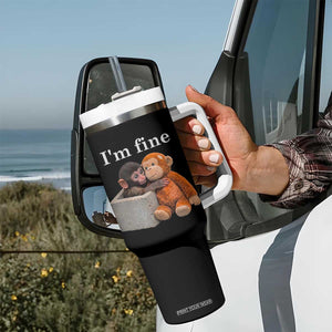 I’m Fine Viral Punch Monkey Meme Tumbler With Handle Cute Baby Monkey Hugging Plush Emotional Humor Gift TS02 Print Your Wear