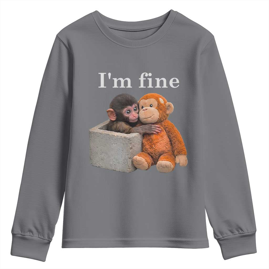 I’m Fine Viral Punch Monkey Meme Youth Sweatshirt Cute Baby Monkey Hugging Plush Emotional Humor Gift TS02 Charcoal Print Your Wear
