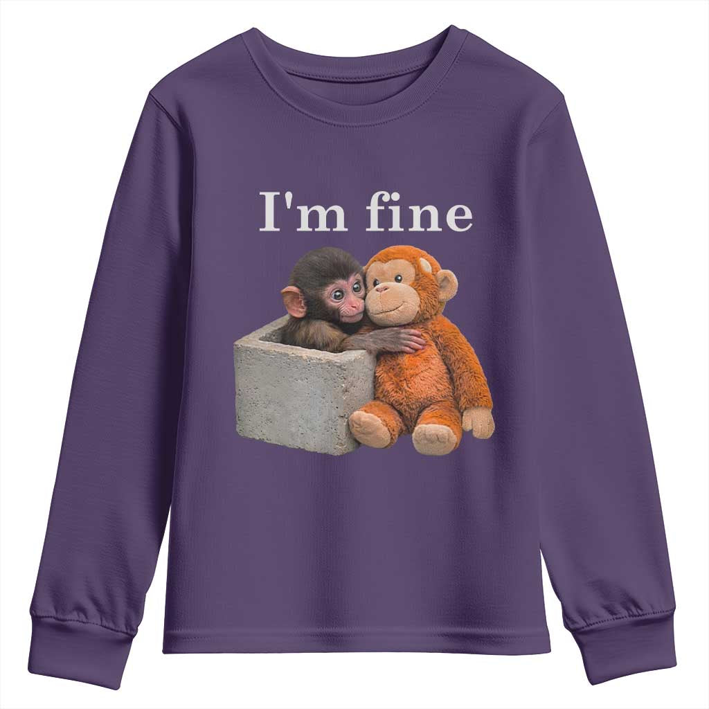 I’m Fine Viral Punch Monkey Meme Youth Sweatshirt Cute Baby Monkey Hugging Plush Emotional Humor Gift TS02 Purple Print Your Wear