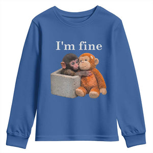 I’m Fine Viral Punch Monkey Meme Youth Sweatshirt Cute Baby Monkey Hugging Plush Emotional Humor Gift TS02 Royal Blue Print Your Wear